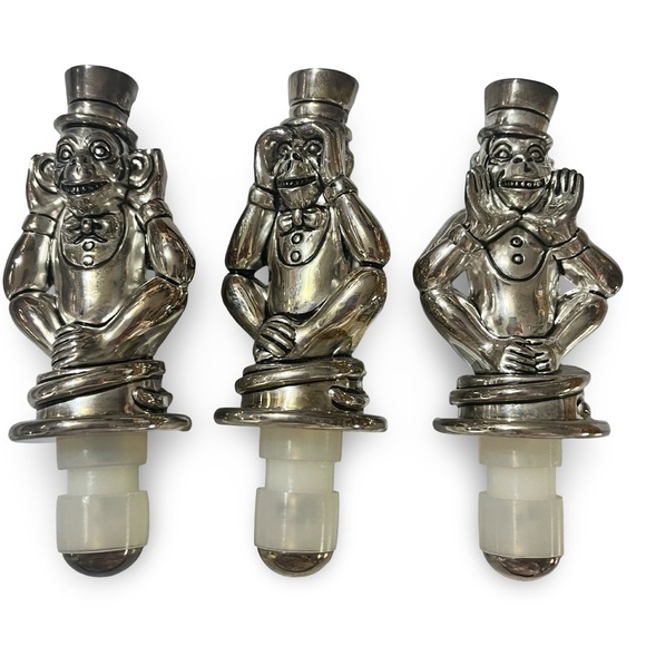 Silver Plated “See no evil, hear no evil, speak no evil” Monkey Wine Stoppers - Picture 2 of 5